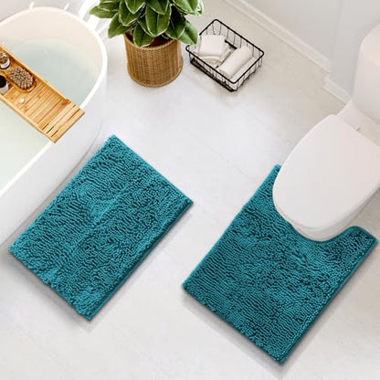 Hearth & Harbor Bathroom Rugs, Chenille Bath Mat - Machine Washable Bath Mats for Bathroom Non-Slip Backing Rubber, Quick Dry Bathroom Mat - Teal Blue 17x24-20x24 - color: Teal, style: 17 x 24 + 20 x 24