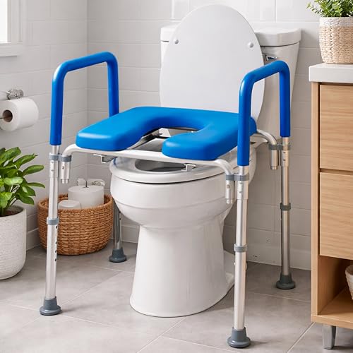 Ultimate Raised Toilet Seat with Handles - Adjustable Raised Toilet Seat for Seniors, Bedside Commode - Padded Armrest | Premium Elevated Toilets Seats with Handles for Elderly Bathroom Safety, Blue - color: Blue