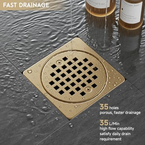 4" Shower Drain Grate Kit, Fits Schluter Kerdi | Champagne Bronze, Square Floor Drain SS304 Stainless Steel Removable Drain Cover with Adjustable Collar, ABS Flange