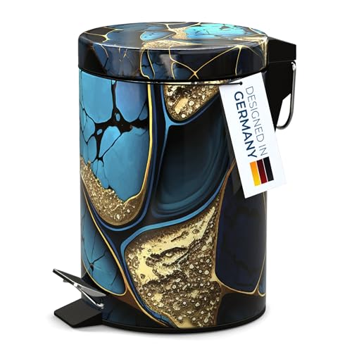 Sanilo Small Bathroom Trash Can with Lid [1.3 Gallon] - Lidded Tiny Trashcan for Garbage - Mini Metal Bin with Soft Closing Mechanism - Bath Room Accessoire Wastebin with Inner Bucket (Marble Cobalt) - color: Marble Cobalt