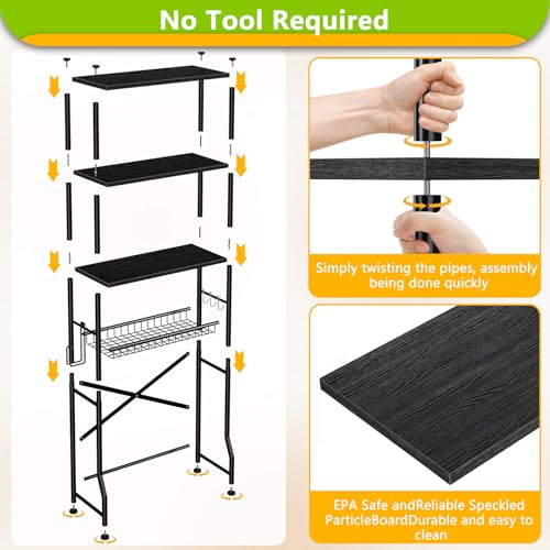 Mlinavn Over-The-Toilet Storage Rack, 4-Tier Bathroom Organizer Shelf Over Toilet with Adjustable Shelf and Basket, Freestanding Space Saver Bathroom Shelves Above Toilet for Room (Black) - color: Round Tube - Black