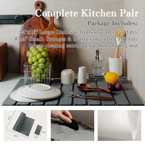 2pcs Stone Dish Drying Mat for Kitchen Counter, Quick-Dry Diatomaceous Earth Water Absorbent Pad & Countertop Drainer, Home Essentials for Bath and Pets - Dark Grey, 24x16’’ & 8x4’’ - color: Dark Gray
