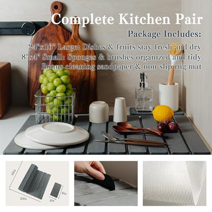 2pcs Stone Dish Drying Mat for Kitchen Counter, Quick-Dry Diatomaceous Earth Water Absorbent Pad & Countertop Drainer, Home Essentials for Bath and Pets - Dark Grey, 24x16’’ & 8x4’’ - color: Dark Gray