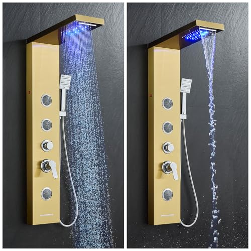 5-in-1 Shower Panel Tower System with LED Lights, 2-in-1 Body Massage, Rainfall, Waterfall,Handheld and Tub Spout, Stainless Steel Shower Column - Gold - color: Gold - 2-in-1 Body Jets