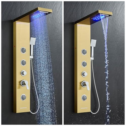 5-in-1 Shower Panel Tower System with LED Lights, 2-in-1 Body Massage, Rainfall, Waterfall,Handheld and Tub Spout, Stainless Steel Shower Column - Gold - color: Gold - 2-in-1 Body Jets