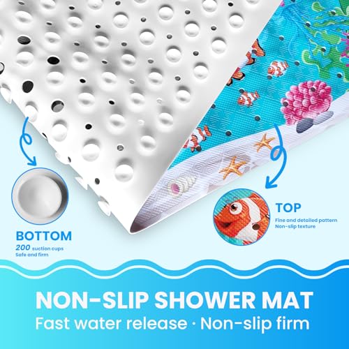 Baby Bath Tub Mat, 40 x 16 Inch Extra Large Non Slip Kids Cartoon Bathtub Shower Mats with Suction Cups & Drain Holes, Machine Washable for Bathroom, Undersea Sea Turtle - color: Undersea-sea Turtle