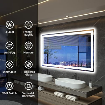 55"x 30" LED Bathroom Mirror with Lights, Double Lighting Sources Dimmable, Anti-Fog Vanity Mirror with Lights, Lighted Bathroom Vanity Mirror for Wall Tempered Glass (Horizontal/Vertical) | Front & Backlit, Memory Function, HD Tempered Glass Vanity Mirro