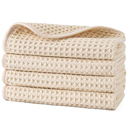 POLYTE 430 GSM Microfiber Lint Free Washcloth Face Towel, 13 x 13 in, 4 Pack (Waffle Weave) - color: Light Beige