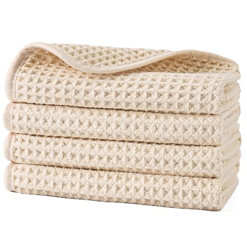 POLYTE 430 GSM Microfiber Lint Free Washcloth Face Towel, 13 x 13 in, 4 Pack (Waffle Weave) - color: Light Beige