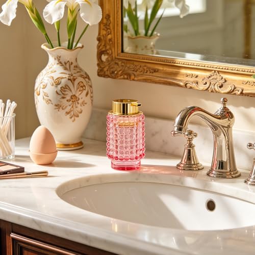 Glass Foaming Soap Dispenser, Pink Foam Hand Soap Dispenser, Bathroom 12 Oz Large Bottle with Gold Pump, Refillable Lotion Pump Container for Bathroom, Kitchen,Hand Soap, Dish Soap, Shampoo - color: Pink