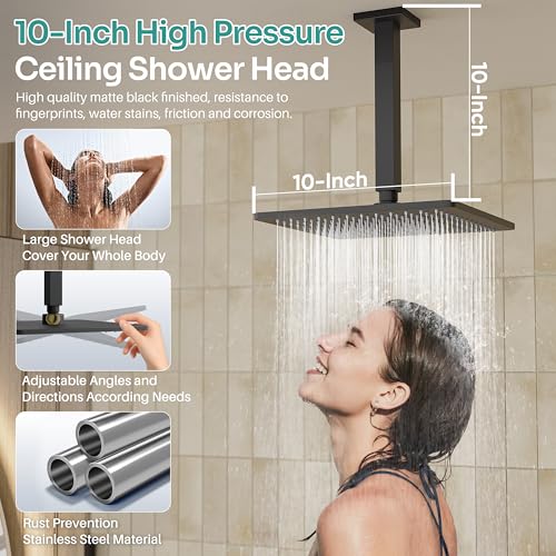 Black Shower System, Matte Black Shower Faucet Set with 3 In 1 Push Button Shower Diverter Valve, 10'' Ceiling Shower Head and 6'' Wall Mounted Shower Head, Black Rain Shower Head with Handheld Spray - color: Matte Black