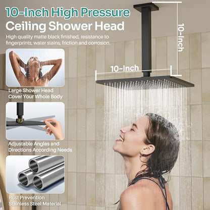 Black Shower System, Matte Black Shower Faucet Set with 3 In 1 Push Button Shower Diverter Valve, 10'' Ceiling Shower Head and 6'' Wall Mounted Shower Head, Black Rain Shower Head with Handheld Spray - color: Matte Black