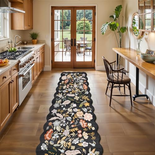 2x10 Scalloped Hallway Runner Rug: Washable Non Slip Boho Floor Mat Black | Floral Long Carpet Runner for Kitchen Bedroom Living Room - Stain Resistant Low-Pile Soft Entryway Rug for Home Decor - color: Black, size: 2' x 10' (Runner)
