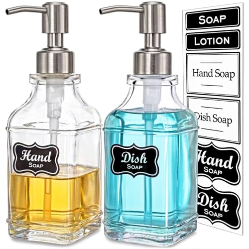 JASAI 2Pack Hand&Dish Glass Soap Dispenser with Rust Proof Pump & Stickers | Kitchen Soap Dispenser with 304 Stainless Steel Pump, Premium Bathroom Soap Dispensers for Dish Soap, Hand Soap，Lotion - color: 2 Pack Silver