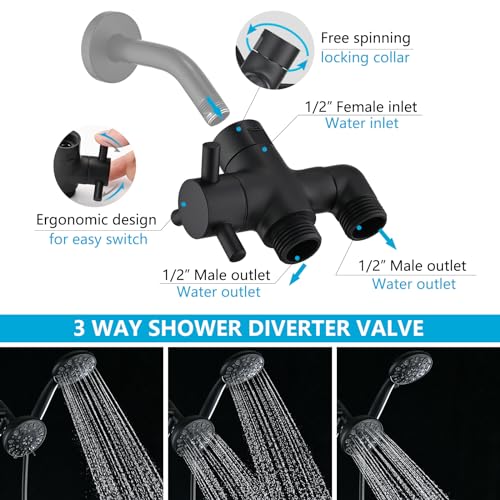 PDPBath Brass 3 Way Shower Arm Diverter Valve for Handheld Shower Head and Fixed Shower Head, G1/2 Universal Connection - Matte Black - color: Matte Black