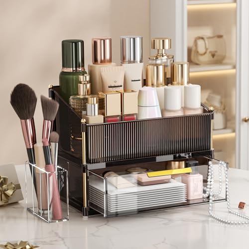 INVSSENE Stackable Makeup Organizer Countertop, Storage Perfume Skincare Cosmetic Lipstick Face Mask Makeup Brush Holder Palettes, Ideal for Vanity Bathroom Counter - color: 3514 Coffee+Clear