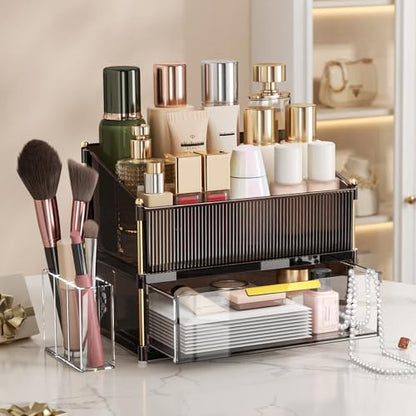 INVSSENE Stackable Makeup Organizer Countertop, Storage Perfume Skincare Cosmetic Lipstick Face Mask Makeup Brush Holder Palettes, Ideal for Vanity Bathroom Counter - color: 3514 Coffee+Clear