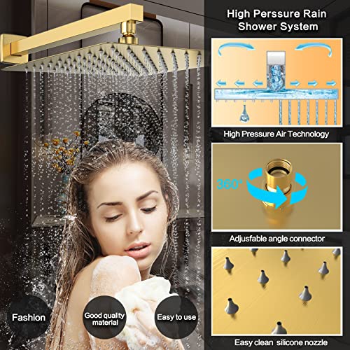 Brushed Gold Shower System Rain Faucet Set with Tub Spout, 12 inch | All-Metal Wall Mounted Bathroom Shower Faucet Set with Safe Pressure Balance Valve, Water Saving High Pressure Rainfall Head - color: Brushed Gold, style: 12in with Tub spout