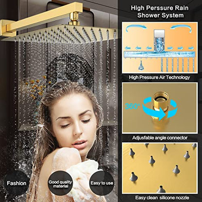 Brushed Gold Rain Shower System Faucet Set with Handheld, 10 inch | Solid Metal Wall Mount Rainfall Shower Set with Safe Anti-Scald Valve, Air Injection High Pressure Water Saving Combo - color: Brushed Gold, style: 10in without Tub spout