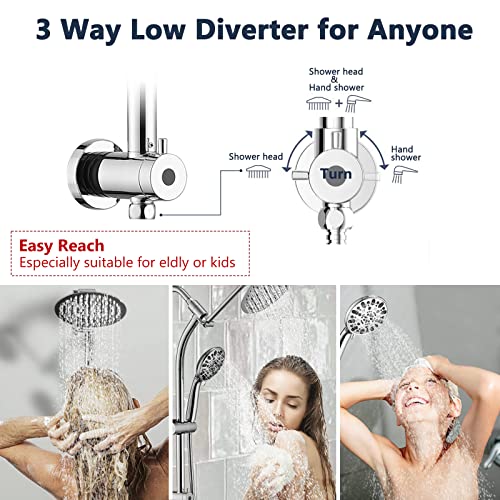 Rainfall 8 Inch Round Shower Head with High Pressure Handheld Spray Combo, Drill-Free Slide Bar with Adjustable Shower Extension Arm, 3-Way Low Diverter for Easy Reach, 5Ft Hose- Chrome - color: Chrome