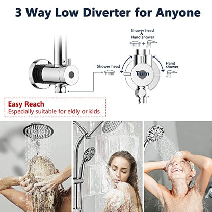 Rainfall 8 Inch Round Shower Head with High Pressure Handheld Spray Combo, Drill-Free Slide Bar with Adjustable Shower Extension Arm, 3-Way Low Diverter for Easy Reach, 5Ft Hose- Chrome - color: Chrome