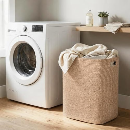Large Laundry Hamper 16"x13"x22" - Tall Woven Baby Laundry Basket, Cotton Rope Clothes Hamper Bin, Wicker Storage Basket for Toys, Blankets, Nursery Bedroom Aesthetic, Soft Brown Hamper, 75L - color: Brown