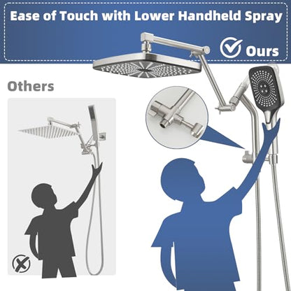 12" High Pressure Rain/Rainfall Shower Heads With Handheld Spray Combo (3+1 Settings & Built-in Power Wash Mode), Double/Dual Shower Head With Handheld - Height/Angle Adjustable(Brushed Nickel) - color: Brushed Nickel, size: 12 Inch