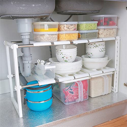 Mingzhe Retractable 2-Layer Storage Rack Adjustable Length Under Sink Organizer Stainless Steel Kitchen Shelf with Height Adjustment for Dishware Storage