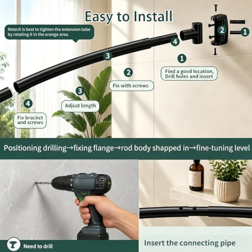 Matte Black Curved Shower Curtain Rod for Bathroom 33-78 In Adjustable Curved Shower Rod, RustProof Stainless Steel Round Shower Rods for Bathtub, Stall Extra Shower Space Need Drilling - color: Black
