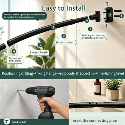 Matte Black Curved Shower Curtain Rod for Bathroom 33-78 In Adjustable Curved Shower Rod, RustProof Stainless Steel Round Shower Rods for Bathtub, Stall Extra Shower Space Need Drilling - color: Black