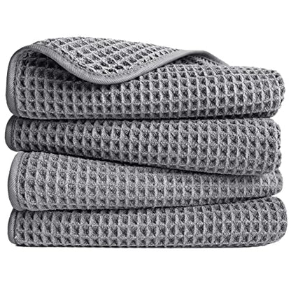 POLYTE 430 GSM Poly Blend Microfiber Quick Dry Waffle Hand Towel, 16x30 in | 4 Pack, Oversize, Lint Free, Quick Dry, Hanging Loop - color: Gray