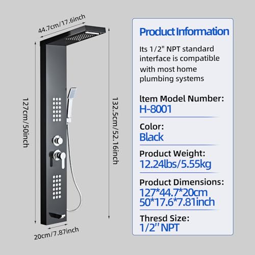 5-in-1 Shower Panel Tower System - Brushed Black | 304 stainless steel Shower Panel Tower Column with Powerful Body Jets, Rainfall, Waterfall,Handheld and Tub Spout - color: Brushed Black, style: LSH-8001