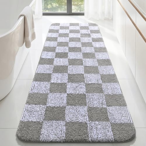 LOCHAS Long Bathroom Runner Rug 72×24, Checkered Bath Mat Non Slip, Grey | Rubber Backing Absorbent Machine Washable, Microfiber Carpet for Kitchen Bedroom Entryway - color: Grey, size: 72" x 24"