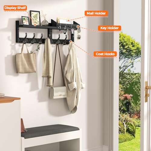 Evermagin 29" Coat Rack Wall Mount with Shelf & 11 Hooks, Entryway, Black | Wooden Wall Mounted Coat and Key Rack with Hooks, Key Hanger with Mail Holder for Living Room, Mudroom, Bedroom - color: Black, size: 29 inch