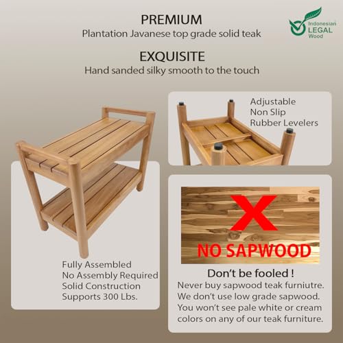 Asta Select Solid Teak 26" Shower Bench with Arms, Portable Teak Wood Spa/Shower/Outdoor Bench with Storage Shelf, Accent Side Table, Fully Assembled, ST-62A