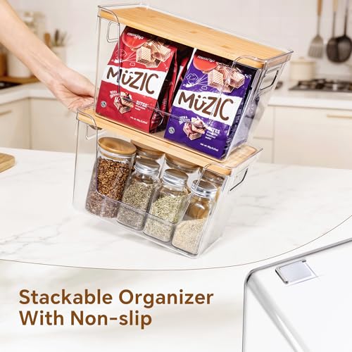 3 Set Pantry Organizers and Storage with Bamboo Lids, Stackable Clear Bins for Onion, Potato, Fruit, Vegetables, Trash Bag Dispenser, Kitchen and Under Sink Organizer - size: 3 Pack Large