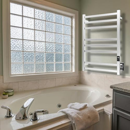 8-Bar Towel Warmer Rack, Brushed Stainless Steel | Brushed 304 stainless steel, 115-155°F temp control, 1-24H auto shut-off timer, plug-in or hardwired install - color: Brushed
