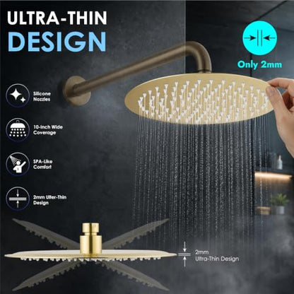 Midanya Round Rain Shower Head,High Pressure,Brushed Gold 10 Inch | 360°Swivel,Ceiling or Wall Mount,Waterfall Full Body Coverage,Bathroom Remodel,Stainless Steel Large Rainfall Shower Head - color: Gold, size: 10 Inch