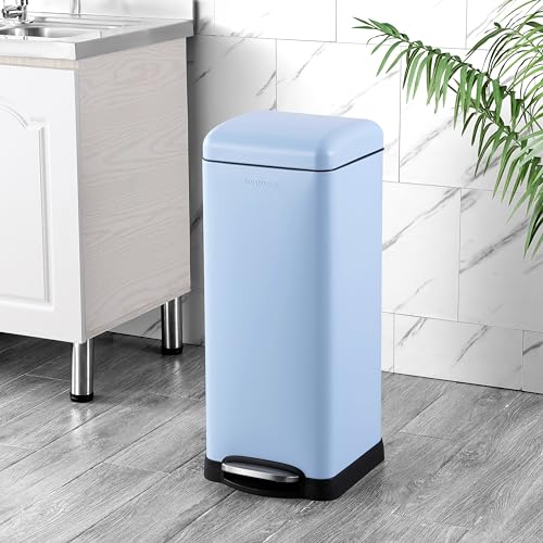 happimess Betty 8 Gal Step Trash Can Soft-Close Lid, Tide Pool Blue | Removable Liner, Semi-Rectangular, Steel Pedal, Iron Powder Coated, 27" Height, Non-Skid Base - color: Tide Pool Blue