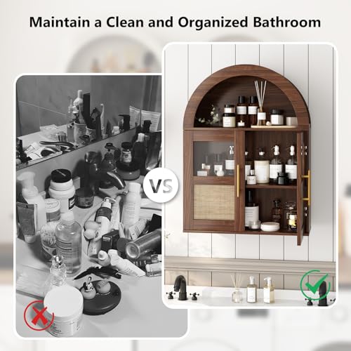 RUSTOWN Arched Bathroom Wall Cabinet with 2 Glass & Rattan Doors | Rattan Medicine Cabinet, Farmhouse Over the Toilet Storage Cabinet, Adjustable Shelves, 3-Tier Wall Mounted Cabinets - color: Walnut