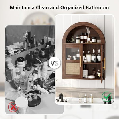 RUSTOWN Arched Bathroom Wall Cabinet with 2 Glass & Rattan Doors | Rattan Medicine Cabinet, Farmhouse Over the Toilet Storage Cabinet, Adjustable Shelves, 3-Tier Wall Mounted Cabinets - color: Walnut