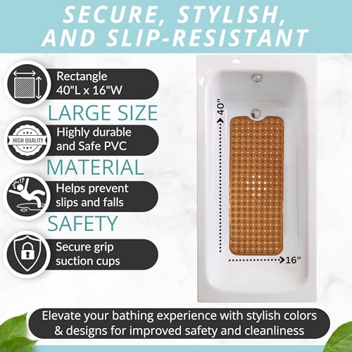 ENKOSI Non-Slip Bath & Shower Mat 40x16 Extra Long, Suction & Drain Holes | Clear Brown look; Durable PVC; 40x16 in, Clear Brown - color: Clear Brown