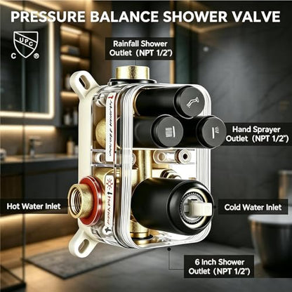 Dual Rainfall Shower Head System Matte Black, 3-Function Push Button Shower Faucet Set with 12" Wall Mount Rain shower head and 6" Wall Mount Shower Head, Pressure Balance Rough-in Valve - color: Matte Black, style: Wall Mount