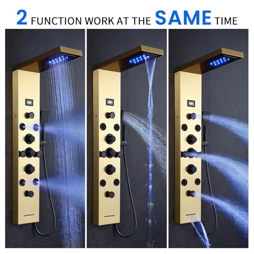 POPFLY LED Rainfall Waterfall Shower Panel Tower System, 4 Body Jets and 4 Mist Spray, 3-Function Handheld Shower, Stainless Steel Shower Tower with Temp Display, Brushed Gold - color: 8 Jets-Gold