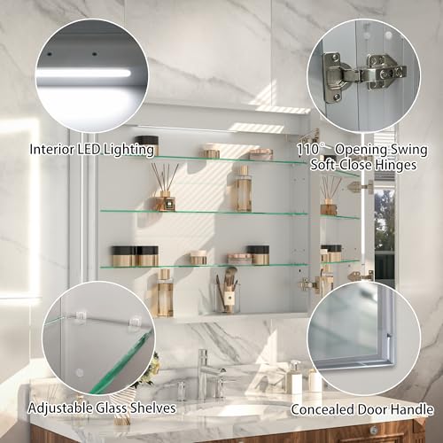 36x30" Wall-Mounted LED Bathroom Medicine Cabinet, Anti-Fog, 3 Color Temp | Surface-Mount/Recessed, Double-Sided Mirror Cabinet with DTC Silent-Close Hinges, Adjustable Tempered Glass Shelf - size: 36W x 30H Inch