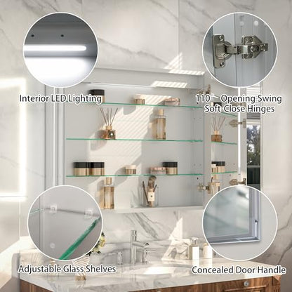 36x30" Wall-Mounted LED Bathroom Medicine Cabinet, Anti-Fog, 3 Color Temp | Surface-Mount/Recessed, Double-Sided Mirror Cabinet with DTC Silent-Close Hinges, Adjustable Tempered Glass Shelf - size: 36W x 30H Inch