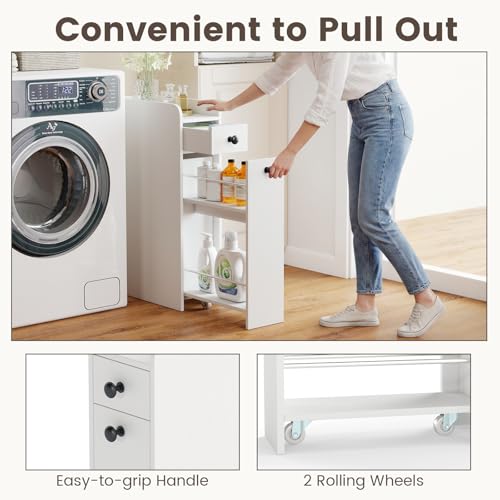 Giantex Slim Bathroom Storage Cabinet, Space-saving Toilet Side Cabinet with Slide-out Drawers on 3 Wheels, Freestanding Narrow Toilet Paper Holder for Living Room, Laundry Room, Compact Space (White) - color: White