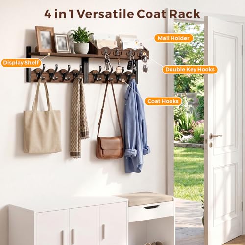 Coat Rack Wall Mount with Shelf, 4 in 1 Wood Entryway Shelf with 12 Hooks | Mail and Key Holder, Wall Mounted Coat Hanger for Bathroom, Living Room, Bedroom, Brown