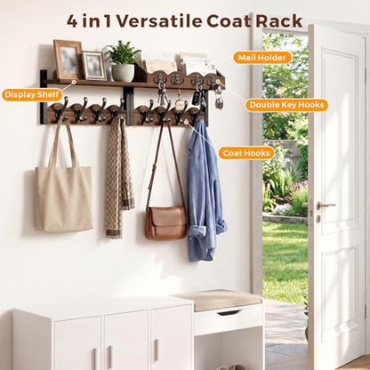 Coat Rack Wall Mount with Shelf, 4 in 1 Wood Entryway Shelf with 12 Hooks | Mail and Key Holder, Wall Mounted Coat Hanger for Bathroom, Living Room, Bedroom, Brown