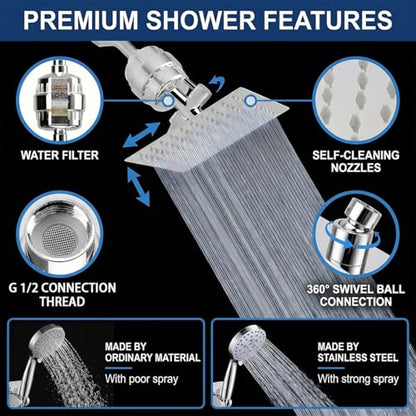 Dual Filtered 8" Stainless Steel Rain Shower Head & Handheld Spray Combo | Replaceable Cartridge High Pressure Filter 7-Spray Mode Shower Head, Innovative 3-way Diverter, 59'' Anti-Kink Hose, Chrome